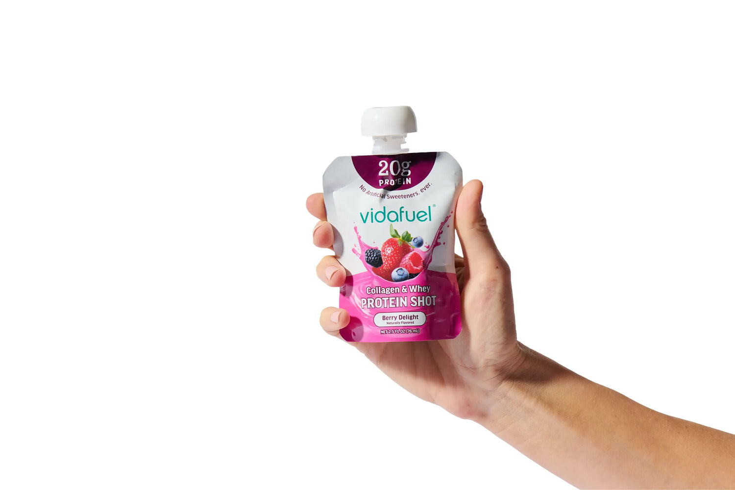 Hand holding a VidaFuel protein shot pouch against a white background