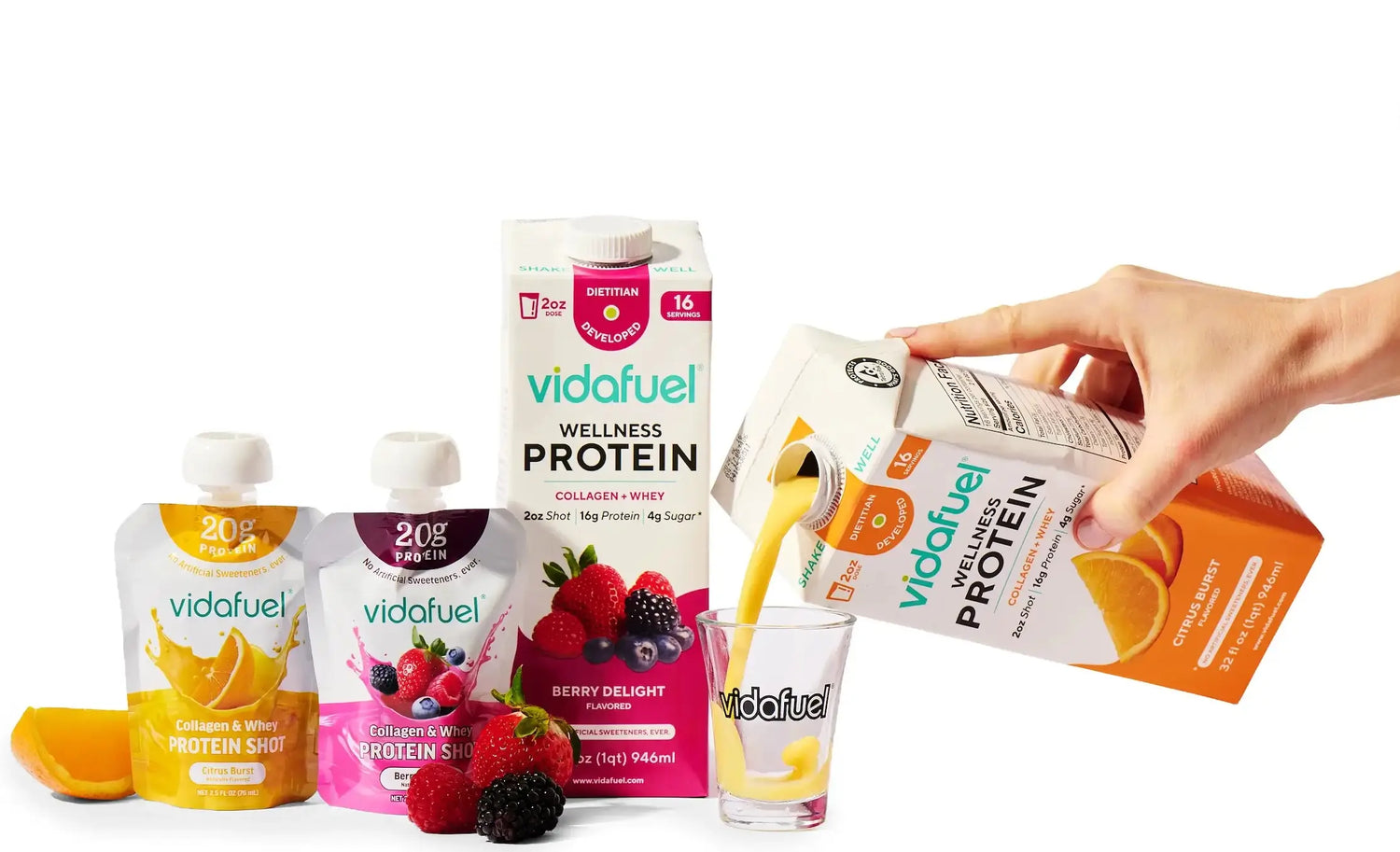 VidaFuel protein products including pouches and a box on a white background