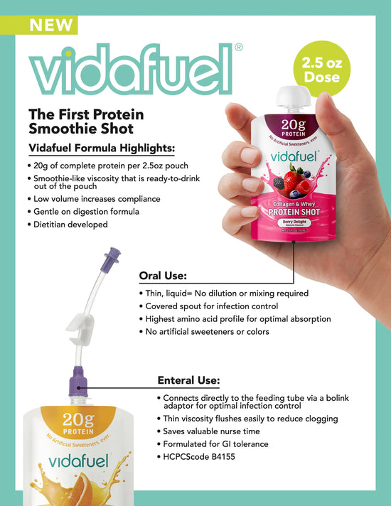 Vidafuel protein smoothie shot packaging with a hand holding the bottle against a white background.