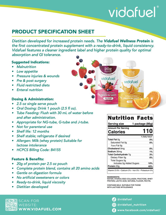 VidaFuel protein supplement product specification sheet with images and text.