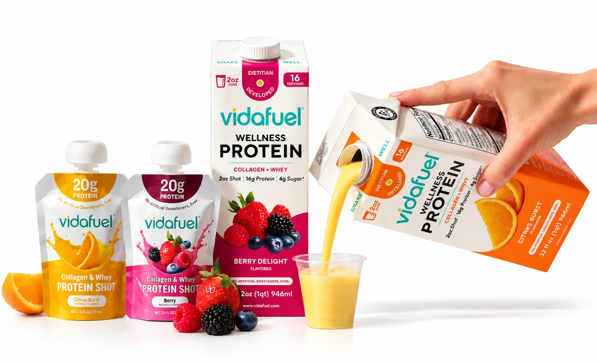 The Vidafuel product lineup: single-serve pouches and 32 oz cartons