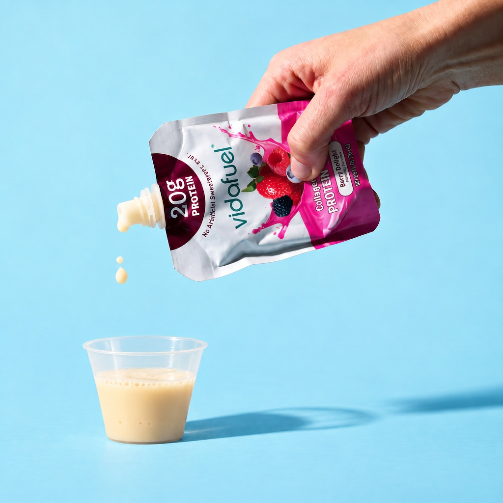 Vidafuel single-serve pouch poured into a medicine cup