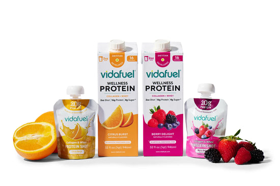 VidaFuel wellness protein products with fruit on a white background