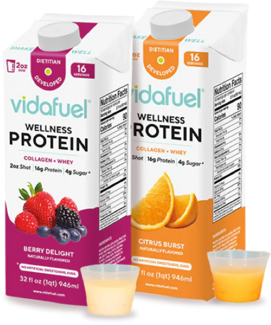 Two bottles of VidaFuel Wellness Protein, one berry delight and one citrus burst, with small cups filled with the protein.