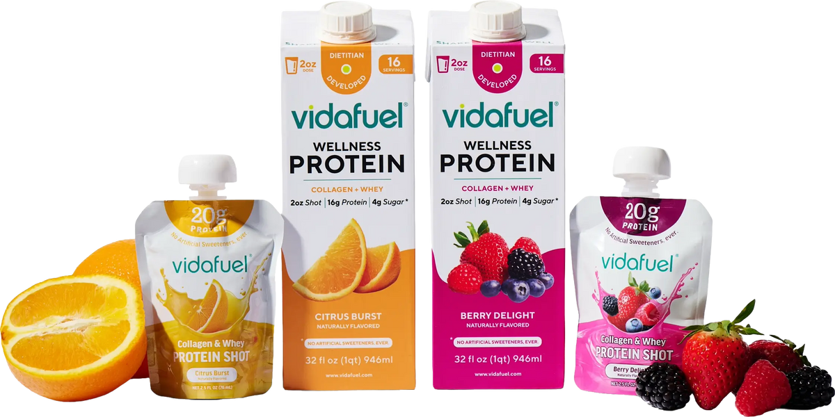 The Vidafuel product line: single-serve pouches and 32 oz cartons in Citrus Burst and Berry Delight